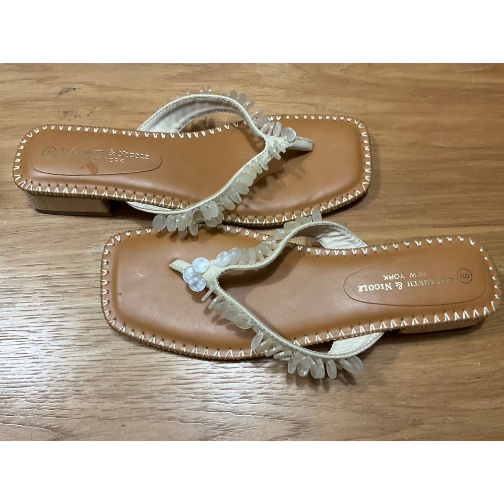 Elizabeth & Nicole New York Beaded Thong Sandals Tan Square Toe Block Heel 9